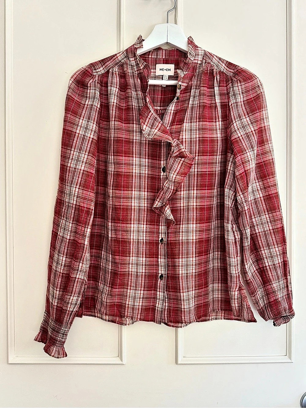 ME+EM Plaid Ruffle Blouse in Red & White size Small